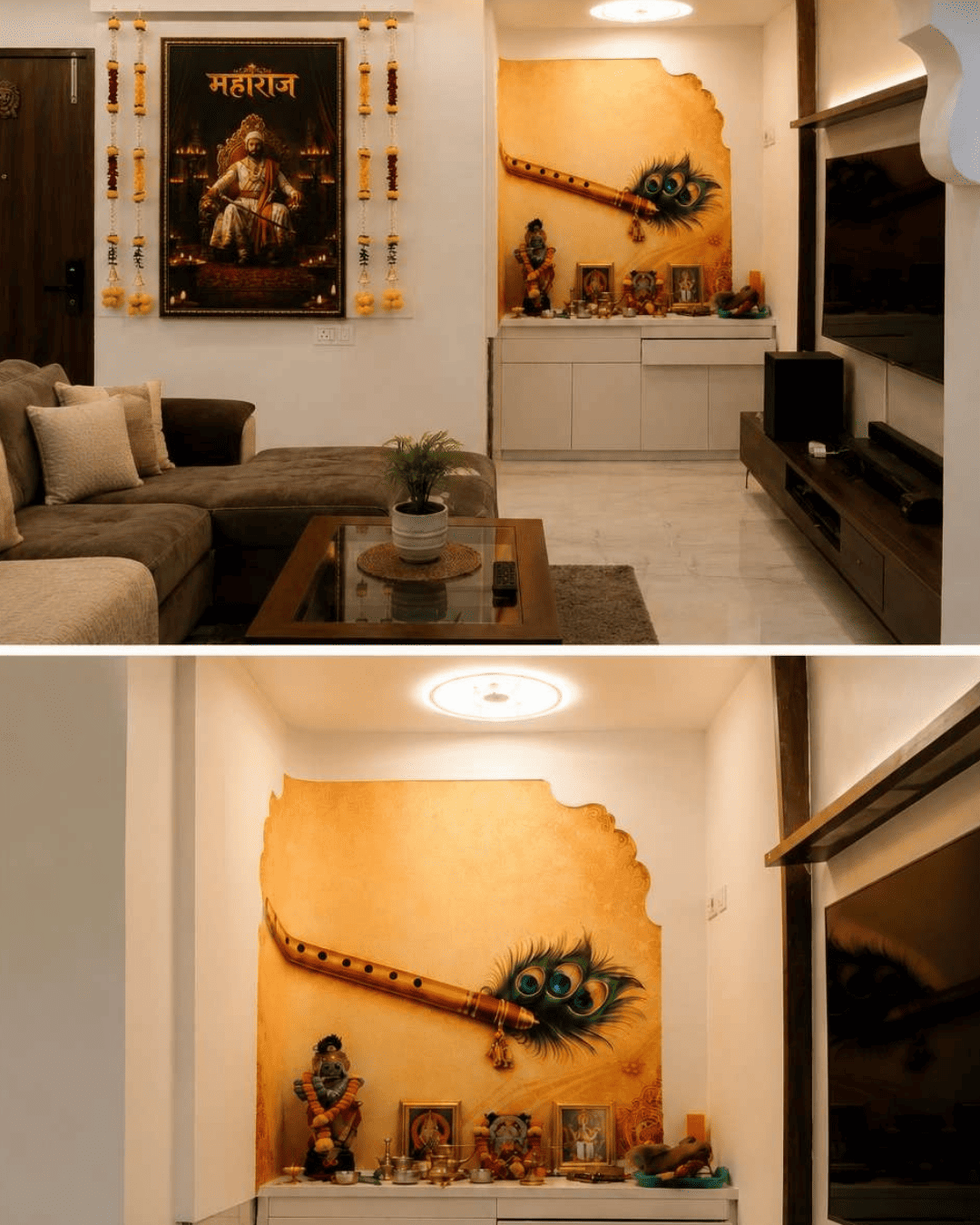 Vrindavan project — handcrafted mandir wall with peacock feather motif